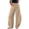 image:imageEXLURA Womens Faux Linen Barrel Pants Comfy Baggy Wide Leg Palazzo Pant Summer Cotton MidLow Elastic Waist Trousers PocketsKhaki