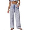 image:imageEXLURA Womens Summer Striped Pants Faux Linen Comfy Drawstring Wide Leg Pants Pockets Resort Beach Vacation Lounge TrousersDeep Blue
