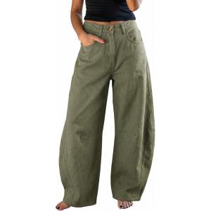 image:imageEXLURA Womens Faux Linen Barrel Pants Comfy Baggy Wide Leg Palazzo Pant Summer Cotton MidLow Elastic Waist Trousers PocketsArmy Green