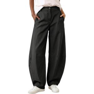 image:imageEXLURA Womens Faux Linen Barrel Pants Comfy Baggy Wide Leg Palazzo Pant Summer Cotton MidLow Elastic Waist Trousers PocketsBlack