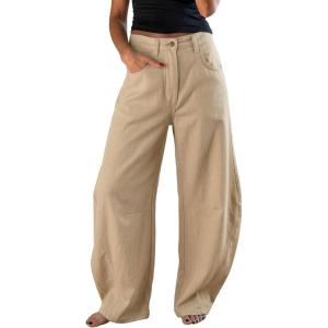 image:imageEXLURA Womens Faux Linen Barrel Pants Comfy Baggy Wide Leg Palazzo Pant Summer Cotton MidLow Elastic Waist Trousers PocketsKhaki
