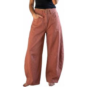 image:imageEXLURA Womens Faux Linen Barrel Pants Comfy Baggy Wide Leg Palazzo Pant Summer Cotton MidLow Elastic Waist Trousers PocketsMaroon