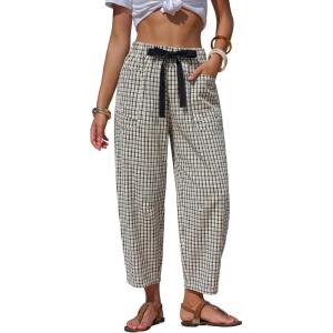 image:imageEXLURA Womens Faux Linen Striped Barrel Pants Comfy Drawstring Capri Pant with Pockets Summer Beach Vacation Lounge TrousersBlack Plaid