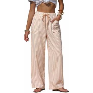 image:imageEXLURA Womens Summer Striped Pants Faux Linen Comfy Drawstring Wide Leg Pants Pockets Resort Beach Vacation Lounge TrousersApricot