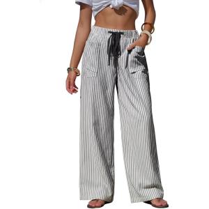 image:imageEXLURA Womens Summer Striped Pants Faux Linen Comfy Drawstring Wide Leg Pants Pockets Resort Beach Vacation Lounge TrousersBlack