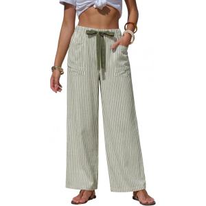 image:imageEXLURA Womens Summer Striped Pants Faux Linen Comfy Drawstring Wide Leg Pants Pockets Resort Beach Vacation Lounge TrousersGrey Green