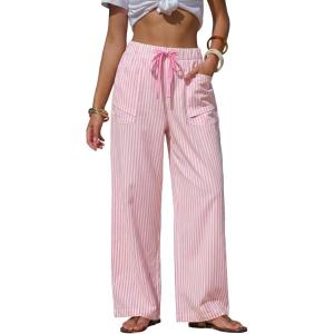image:imageEXLURA Womens Summer Striped Pants Faux Linen Comfy Drawstring Wide Leg Pants Pockets Resort Beach Vacation Lounge TrousersPink