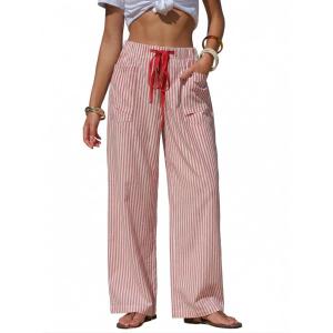 image:imageEXLURA Womens Summer Striped Pants Faux Linen Comfy Drawstring Wide Leg Pants Pockets Resort Beach Vacation Lounge TrousersRed