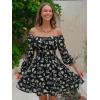 image:imageEXLURA Womens 2026 Casual Long Lantern Sleeve Dresses Square Neck Ruffle Tie Back Elastic Waist Aline Short Mini DressBlack Printed