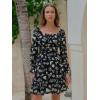 image:imageEXLURA Womens 2026 Casual Long Lantern Sleeve Dresses Square Neck Ruffle Tie Back Elastic Waist Aline Short Mini DressBlack Printed