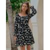 image:imageEXLURA Womens 2026 Casual Long Lantern Sleeve Dresses Square Neck Ruffle Tie Back Elastic Waist Aline Short Mini DressBlack Printed