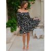 image:imageEXLURA Womens 2026 Casual Long Lantern Sleeve Dresses Square Neck Ruffle Tie Back Elastic Waist Aline Short Mini DressBlack Printed