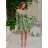 image:imageEXLURA Womens 2026 Casual Long Lantern Sleeve Dresses Square Neck Ruffle Tie Back Elastic Waist Aline Short Mini DressGreen Printed