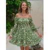 image:imageEXLURA Womens 2026 Casual Long Lantern Sleeve Dresses Square Neck Ruffle Tie Back Elastic Waist Aline Short Mini DressGreen Printed