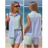 image:imageEXLURA Womens Summer 2 Piece Outfits Cotton Sleeveless Button Down Shirts Matching Shorts Sets Cruise Beach Vacation ResortBlue Green
