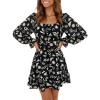 image:imageEXLURA Womens 2026 Casual Long Lantern Sleeve Dresses Square Neck Ruffle Tie Back Elastic Waist Aline Short Mini DressBlack Printed