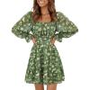 image:imageEXLURA Womens 2026 Casual Long Lantern Sleeve Dresses Square Neck Ruffle Tie Back Elastic Waist Aline Short Mini DressGreen Printed