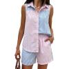 image:imageEXLURA Womens Summer 2 Piece Outfits Cotton Sleeveless Button Down Shirts Matching Shorts Sets Cruise Beach Vacation ResortBlue Pink