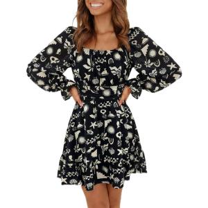 image:imageEXLURA Womens 2026 Casual Long Lantern Sleeve Dresses Square Neck Ruffle Tie Back Elastic Waist Aline Short Mini DressBlack Printed
