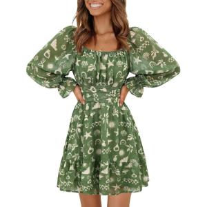 image:imageEXLURA Womens 2026 Casual Long Lantern Sleeve Dresses Square Neck Ruffle Tie Back Elastic Waist Aline Short Mini DressGreen Printed