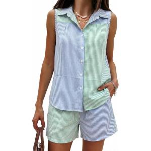 image:imageEXLURA Womens Summer 2 Piece Outfits Cotton Sleeveless Button Down Shirts Matching Shorts Sets Cruise Beach Vacation ResortBlue Green