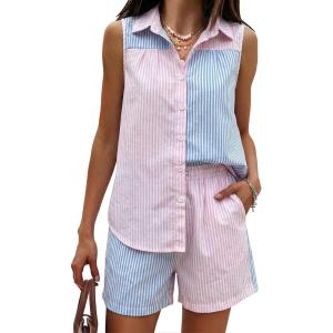 image:imageEXLURA Womens Summer 2 Piece Outfits Cotton Sleeveless Button Down Shirts Matching Shorts Sets Cruise Beach Vacation ResortBlue Pink