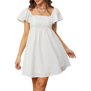 image:imageEXLURA Womens 2024 Casual Short Sleeve Square Neck Cap Sleeve Dress High Waist ALine Summer Smocked Back Mini Dresses