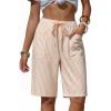 image:imageEXLURA Womens Faux Linen Striped Bermuda Shorts Casual Drawstring Elastic Waist Summer Vacation Beach Shorts with PocketsBeige Striped