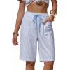 image:imageEXLURA Womens Faux Linen Striped Bermuda Shorts Casual Drawstring Elastic Waist Summer Vacation Beach Shorts with PocketsSky Blue
