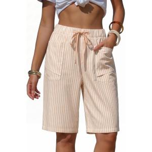 image:imageEXLURA Womens Faux Linen Striped Bermuda Shorts Casual Drawstring Elastic Waist Summer Vacation Beach Shorts with PocketsBeige Striped