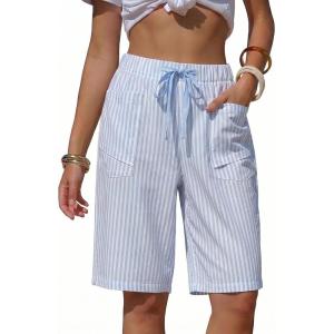 image:imageEXLURA Womens Faux Linen Striped Bermuda Shorts Casual Drawstring Elastic Waist Summer Vacation Beach Shorts with PocketsSky Blue