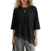 image:imageEXLURA Womens Summer Oversized Lace Trim T Shirts 2026 Casual Half Sleeve Asymmetrical Hem Tops Loose Crewneck Tunic BlouseBlack