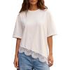 image:imageEXLURA Womens Summer Oversized Lace Trim T Shirts 2026 Casual Half Sleeve Asymmetrical Hem Tops Loose Crewneck Tunic BlouseWhite