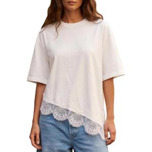 image:imageEXLURA Womens Summer Oversized Lace Trim T Shirts 2026 Casual Half Sleeve Asymmetrical Hem Tops Loose Crewneck Tunic BlouseWhite