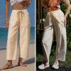 image:imageEXLURA Womens Summer Faux Linen Striped Barrel Pants Comfy Drawstring Capri Pant with Pockets Beach Vacation Lounge TrousersBeige