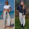 image:imageEXLURA Womens Summer Faux Linen Striped Barrel Pants Comfy Drawstring Capri Pant with Pockets Beach Vacation Lounge TrousersBlack