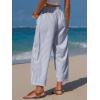 image:imageEXLURA Womens Summer Faux Linen Striped Barrel Pants Comfy Drawstring Capri Pant with Pockets Beach Vacation Lounge TrousersDeep Blue