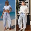 image:imageEXLURA Womens Summer Faux Linen Striped Barrel Pants Comfy Drawstring Capri Pant with Pockets Beach Vacation Lounge TrousersDeep Blue