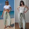 image:imageEXLURA Womens Summer Faux Linen Striped Barrel Pants Comfy Drawstring Capri Pant with Pockets Beach Vacation Lounge TrousersGrey Green