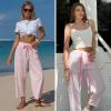 image:imageEXLURA Womens Summer Faux Linen Striped Barrel Pants Comfy Drawstring Capri Pant with Pockets Beach Vacation Lounge TrousersPink