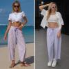 image:imageEXLURA Womens Summer Faux Linen Striped Barrel Pants Comfy Drawstring Capri Pant with Pockets Beach Vacation Lounge TrousersPurple