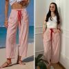 image:imageEXLURA Womens Summer Faux Linen Striped Barrel Pants Comfy Drawstring Capri Pant with Pockets Beach Vacation Lounge TrousersRed
