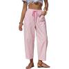 image:imageEXLURA Womens Summer Faux Linen Striped Barrel Pants Comfy Drawstring Capri Pant with Pockets Beach Vacation Lounge TrousersPink
