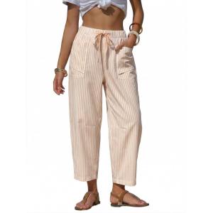 image:imageEXLURA Womens Summer Faux Linen Striped Barrel Pants Comfy Drawstring Capri Pant with Pockets Beach Vacation Lounge TrousersBeige