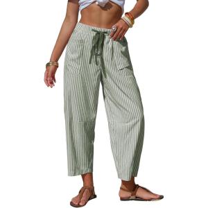 image:imageEXLURA Womens Summer Faux Linen Striped Barrel Pants Comfy Drawstring Capri Pant with Pockets Beach Vacation Lounge TrousersGrey Green