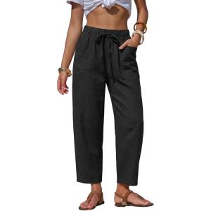 image:imageEXLURA Womens Summer Faux Linen Striped Barrel Pants Comfy Drawstring Capri Pant with Pockets Beach Vacation Lounge TrousersNew Black