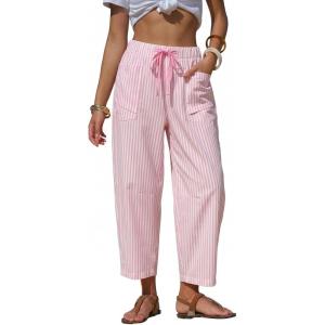 image:imageEXLURA Womens Summer Faux Linen Striped Barrel Pants Comfy Drawstring Capri Pant with Pockets Beach Vacation Lounge TrousersPink