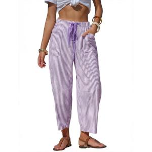 image:imageEXLURA Womens Summer Faux Linen Striped Barrel Pants Comfy Drawstring Capri Pant with Pockets Beach Vacation Lounge TrousersPurple