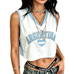 image:imageEXLURA Womens V Neck Graphic Print Crop Top Sleeveless Football Jersey Tank Top Y2K Sporty Summer Casual Shirt 2026 TrendyBlue