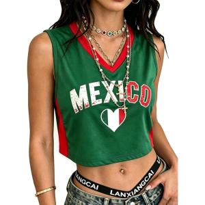 image:imageEXLURA Womens V Neck Graphic Print Crop Top Sleeveless Football Jersey Tank Top Y2K Sporty Summer Casual Shirt 2026 TrendyGreen